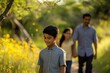 © AIGen - Hispanic Family Walking in Park: Son Enjoying Nature on Hiking Trail