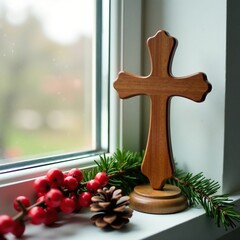 Wall Mural - Small wooden cross on a windowsill with red berries and pinecones, pinecones, small wooden cross, natural elements