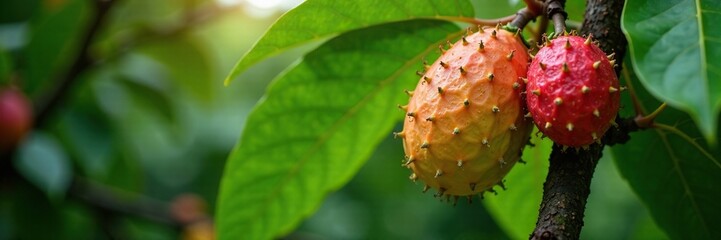 Wall Mural - Soursop tree in a garden with blooming flowers and green leaves, blooming, tropical