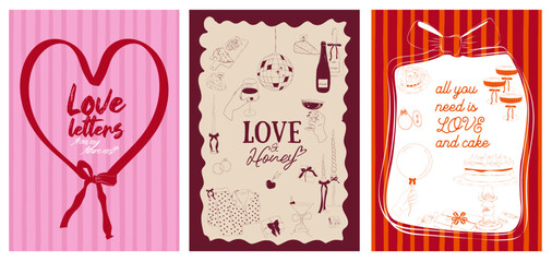 Collection of Romantic posters witn food, drink, candle and romantic elements. Romantic invitation or greeting cards. Valentines Day, Save the date, Wedding illustration. Editable vector illustration.