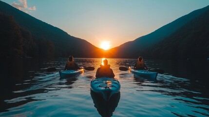 Wall Mural - Golden Sunset Kayak Adventure Three Silhouettes Paddling on Tranquil Lake, Mountain Reflections.