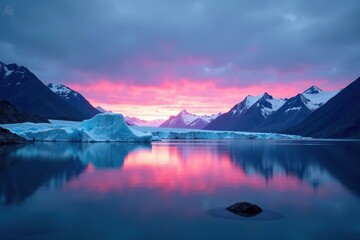 Wall Mural - glacial waters mirror the darkening arctic sky and surrounding mountains in shades of indigo and pur