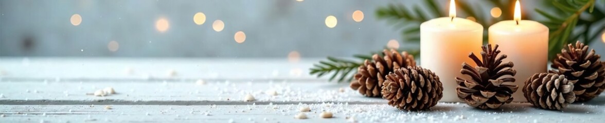 Wall Mural - Pinecones and snowflakes on a white wooden table with candles, pinecones, snowy