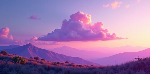 Wall Mural - soft purple cloud floats above a serene landscape at dawn, light, morning