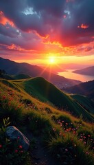 Wall Mural - Serene sunset over a rolling hill with a distant lake, tranquil, water