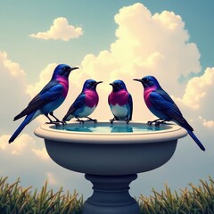 Wall Mural - Purple martins gathered around a birdbath and a few wispy clouds, reflection, clouds