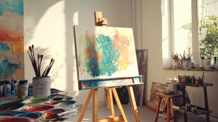 Poster - Inspiring artistic workspace filled with colorful paints, brushes, and a canvas ready to be transformed. Generative AI