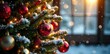 © methinee - Colorful glass ornaments and tinsel caught in the sun's rays dance around a majestic Christmas tree, sparkling lights, christmas tree, wintry decor