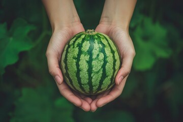 Wall Mural - Small Watermelon Harvest: A Fresh Melon Fruit in the Hands on a Summer Day