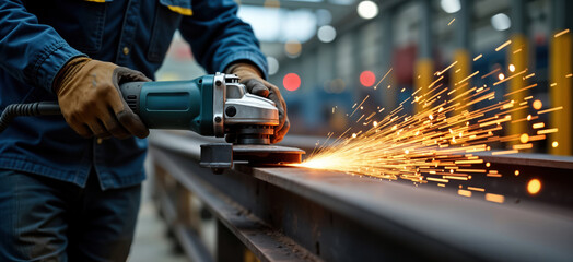 Poster - Worker grinds steel structure with electric grinder. Sparks fly. Industrial work in factory. Manual labor in metalworking process. Pro craftsmanship. Powerful equipment. Safe work practices.