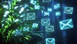 © anak - Glowing email icons float near lush green plants in dark.