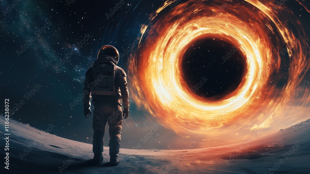 A Man in a Space Suit Standing in Front of a Black Hole - Generative AI ...