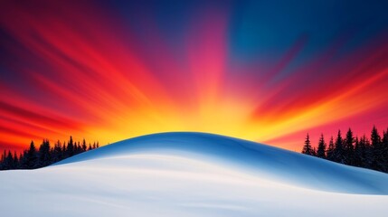 Wall Mural - A vibrant sunset casts colorful rays over a snowy landscape, creating a stunning contrast with the dark evergreen trees in the foreground.