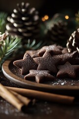 Wall Mural - Star-shaped gingerbread cookies on wooden plate with cinnamon sticks and pine cones.