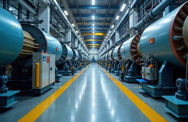 Poster - Modern thermal power plant interior shows rows of blue industrial equipment. Large cylinders, pipes aligned in clean, organized corridor. Modern tech evident in smooth metal surfaces, automated