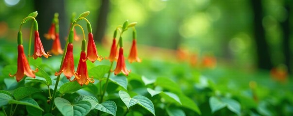 Wall Mural - Trailing stems of trumpetflower trees amidst lush green leaves, plant, nature