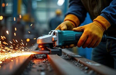 Poster - Man working with electric grinder on steel structure. Sparks fly. Industrial workshop setting. Craftsman in protective gear. Metalworking process. Manufacturing scene. Technical work. Construction