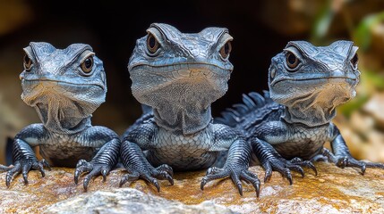 Wall Mural - Three blue lizards sitting together on a rock.