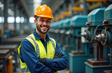 Aufkleber - Smiling male mechanic in safety uniform stands confidently near industrial metal drilling machines. Works in steel processing factory. Worker focused on manufacturing tasks. Modern equipment visible