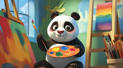 Poster - Panda enjoys art while holding a paintbrush and colorful palette in a bright studio. Generative AI
