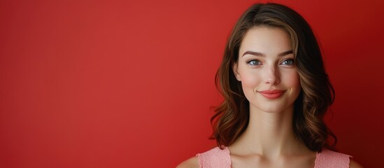 Sticker - Smiling slim brunette woman wearing a pink dress with brown hair on a vibrant red studio background showcasing playful emotions and expression