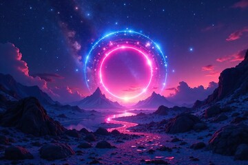 Wall Mural - Glowing portal in starry sky with cosmic tunnel, glowing, futuristic landscape