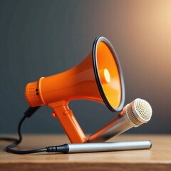 Wall Mural - Orange megaphone with a microphone on a wooden table, material, focus, microphone