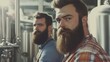 © The 2R Artificiality - Stylish bearded men in plaid shirts brewing craft beer in a modern microbrewery with stainless steel tanks and bright lighting