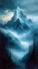 Sticker - Majestic mountain peaks shrouded in mist reveal nature's serene beauty and mystery during twilight hours