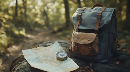 Aufkleber - Exploring the wilderness with a backpack, compass and map in a tranquil forest environment. Generative AI