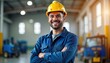 © miss irine - Confident male engineer in blue uniform with hard hat stands in warehouse. Smiling, arms crossed. Industrial indoor setting with machinery in background. Professional, happy worker in facility.