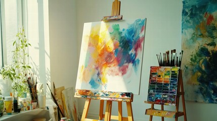 Aufkleber - Bright artistic workspace with vibrant paint palette and brushes surrounded by natural light during afternoon hours. Generative AI