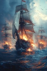 Canvas Print - Burning ships battle at sea; fiery chaos.