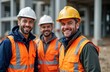 © miss irine - Three men builders in reflective vests, safety helmets smile during work break on construction site. Wear warm, pro attire. Happy team members on construction project. Friendly work environment.