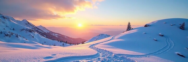 Sticker - Frosty hills slope gently towards the sun's low orb, serene, snowy hills, snow