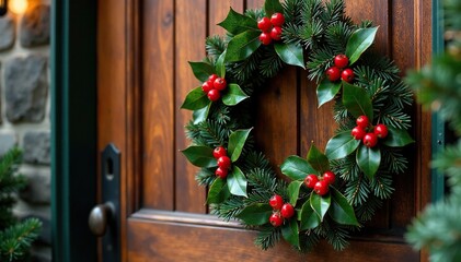 Wall Mural - A wooden door with holly branches and red berries wrapped around it, decor, seasonal