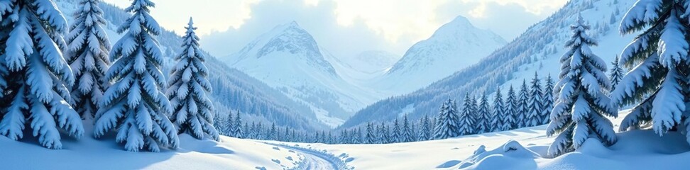 Wall Mural - Dense snowforest with tall trees frozen in ice, snowy, mountains