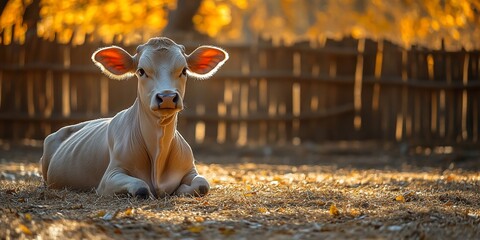 Canvas Print - Calf resting in autumn field, wooden fence background. Farm animal image