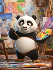 Poster - Panda artist holds paintbrush and colorful palette in vibrant art studio filled with paintings. Generative AI