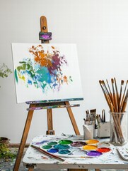 Poster - Artistic workspace filled with colorful paint palette, brushes, and an easel set against a white wall. Generative AI
