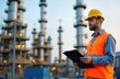 © miss irine - Engineer examines documents at oil refinery. Pro man in safety vest, hardhat reviews tasks. Industrial scene shows modern energy facility. Global business takes center stage. Expert in operation.