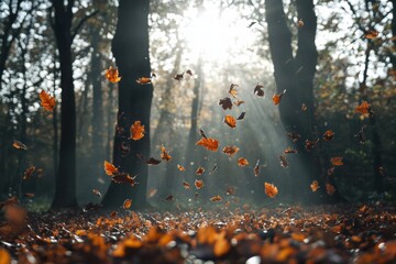 Poster - Golden autumn leaves cascade through a tranquil forest bathed in warm sunlight. Generative AI
