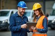© miss irine - Two workers man, woman in safety helmets examining tablet. In garage similar indoor facility. Seem to discuss work tasks together. Dressed in work clothes. Happy, focused.