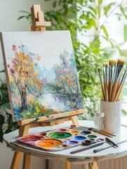 Poster - Colorful artistic workspace with easel and vibrant paint palette full of hues in a bright studio. Generative AI
