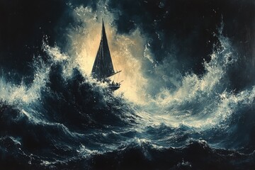 Canvas Print - Sailboat battling huge, dark ocean waves.