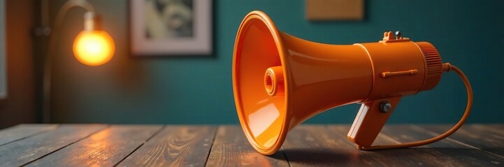 Wall Mural - Orange megaphone with a microphone on a wooden table, highlight, material