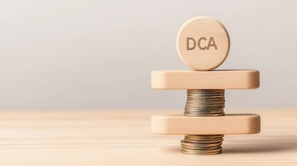 DCA wooden block concept. A wooden DCA coin balances on top of stacked coins, symbolizing investment strategy and financial growth in a minimalist setting.