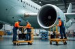 © miss irine - Aviation technicians work on plane engine in hangar. Fix parts of aircraft engine. Aircraft maintenance in progress. Experts wearing protective gear inspect, repair plane. Modern tech in aerospace