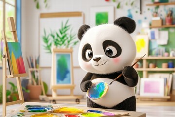 Poster - Panda painting creatively with a palette and brush in an art studio filled with colorful artwork. Generative AI