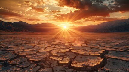 Wall Mural - a stunning desert landscape displays cracked earth and distant mountains illuminated by a vibrant su